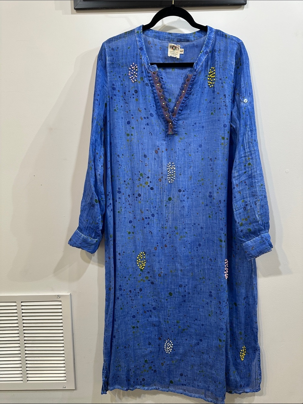 Blue Embroidered Cotton Tunic Dress